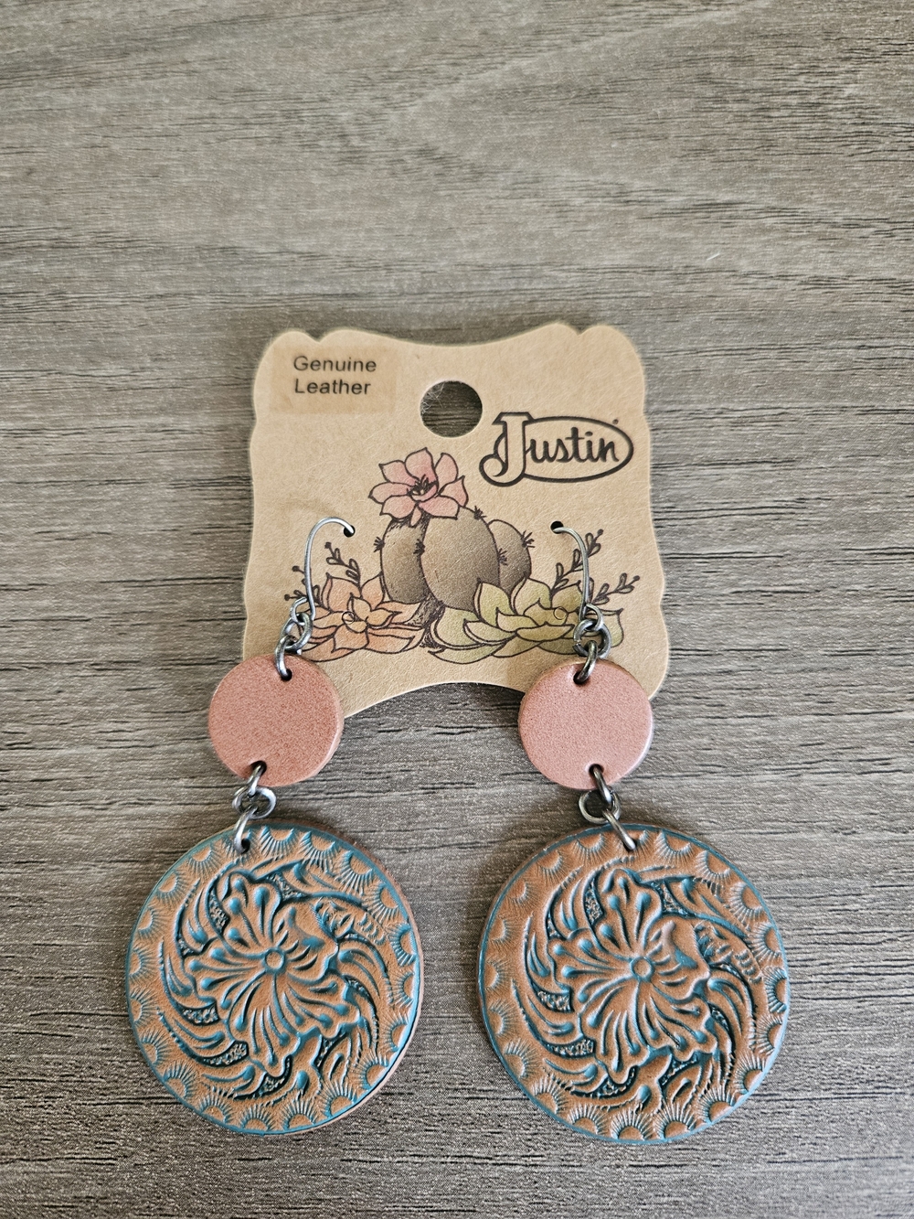 Justin Genuine Leather Turquoise-Patina Floral Disc Earrings